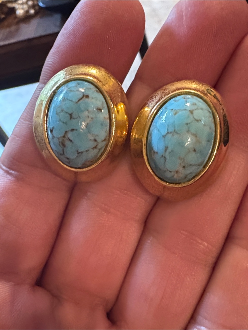 Vintage Large Clip Gold-Tone Earrings with Blue Turquoise Cabochons